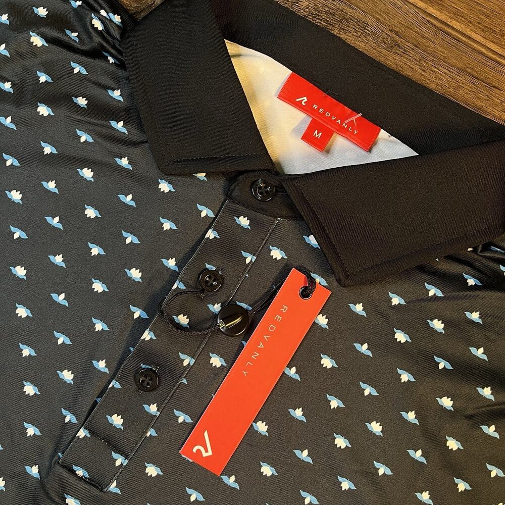NEW Redvanly Ryder Performance Golf Polo Men’s Medium Black Tuxedo Lotus Print